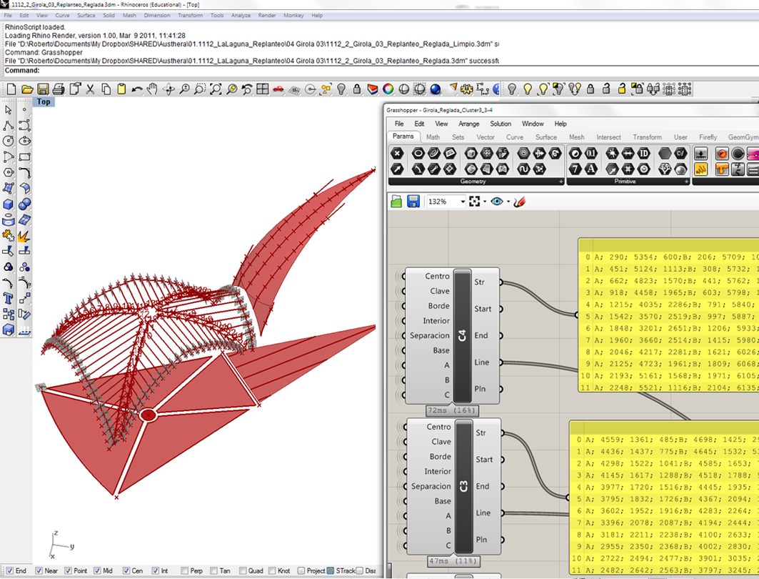 Formwork data extracted with Rhinoceros and Grasshopper